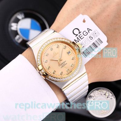 Omega Constellation Yellow Dial Diamond Bezel Stainless Steel Men's Copy Watch